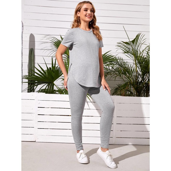 2 piece set: Maternity Split Curved Hem Solid Top & Leggings Set gray - Picture 2 of 11
